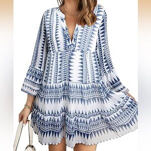 Happy Sailed Womens Long Sleeve V Neck Blue Tunic Dress Size XL